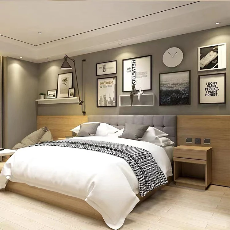 

Melamine Hotel Rooms Furniture Wooden Bedframes With Headboard