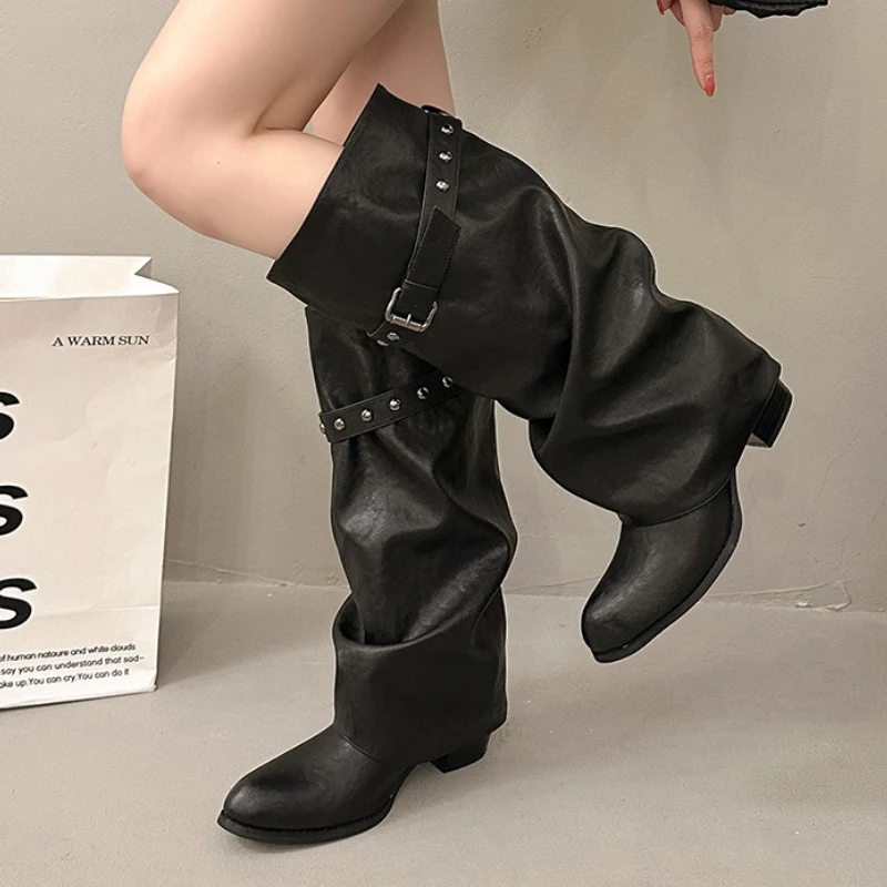 Vintage Chunky Heel Slouch Women Knee High Boots Rivet Decor Belt Buckle Shoes Punk Style Leather Long Motorcycle Boots