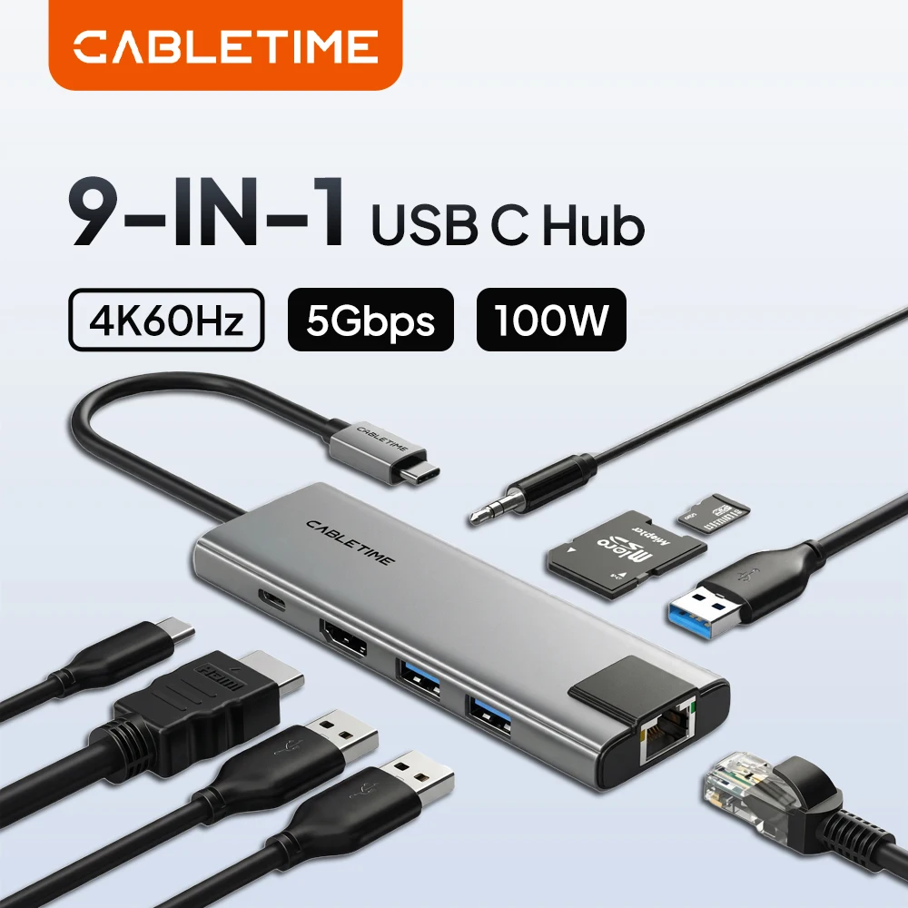 CABLETIME 9 in 1 USB C Hub Adapter 4K HDMI Splitter RJ45 Ethernet SD TF Card Reader PD 100W Delivery Docking Station for Laptop