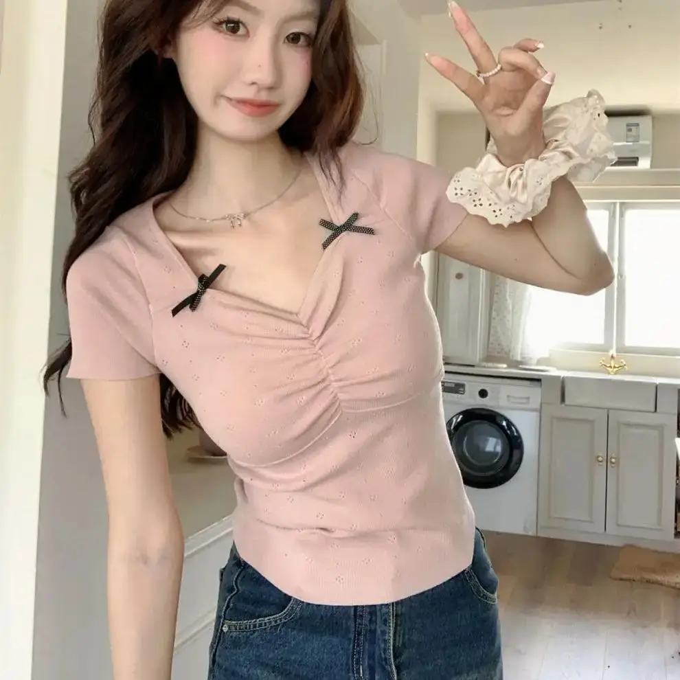 

Summer slim fit sweet pleated bowknot hollow design knitted sweater short-sleeved top