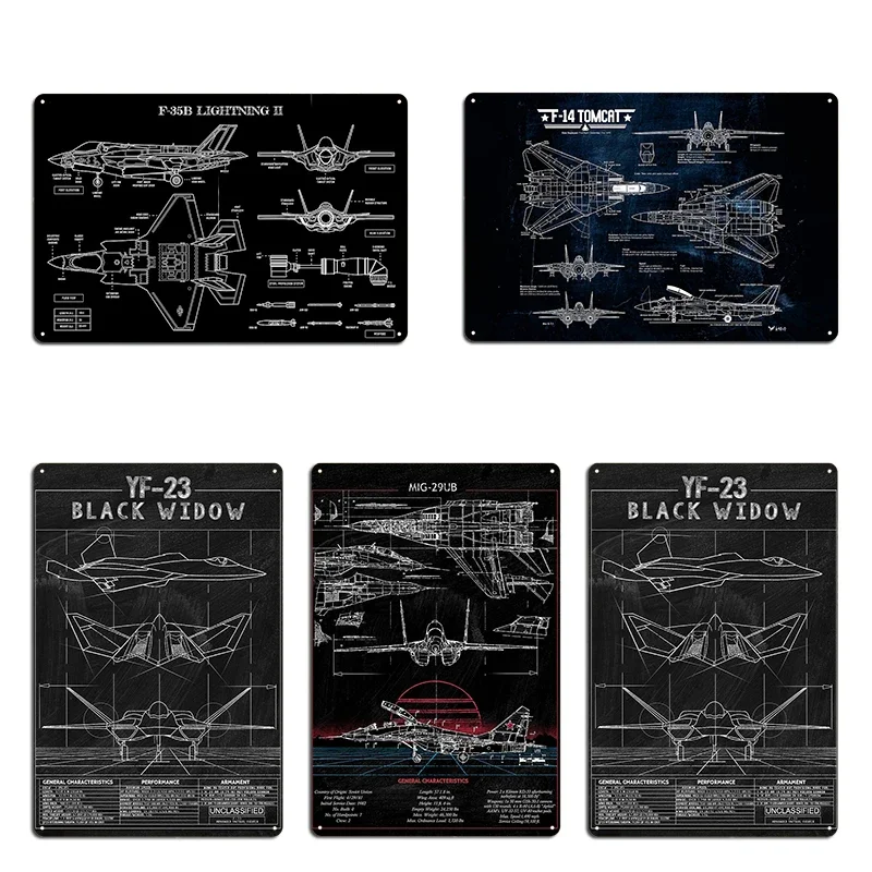 YF-23 Mig 29 Blueprint F-35 Lightning II Metal Plaque Wall Decor Party Wall Decor Custom Garage Tin Sign Poster
