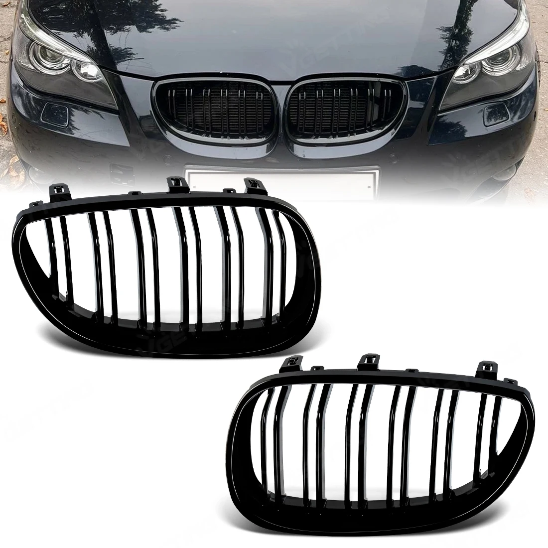 

Double Slat Front Kidney Grille Bumper Grill For BMW 5 Series E60 E61 M5 520i 535i 545i 550i 2003-2010 Grid Tuning Black Cover