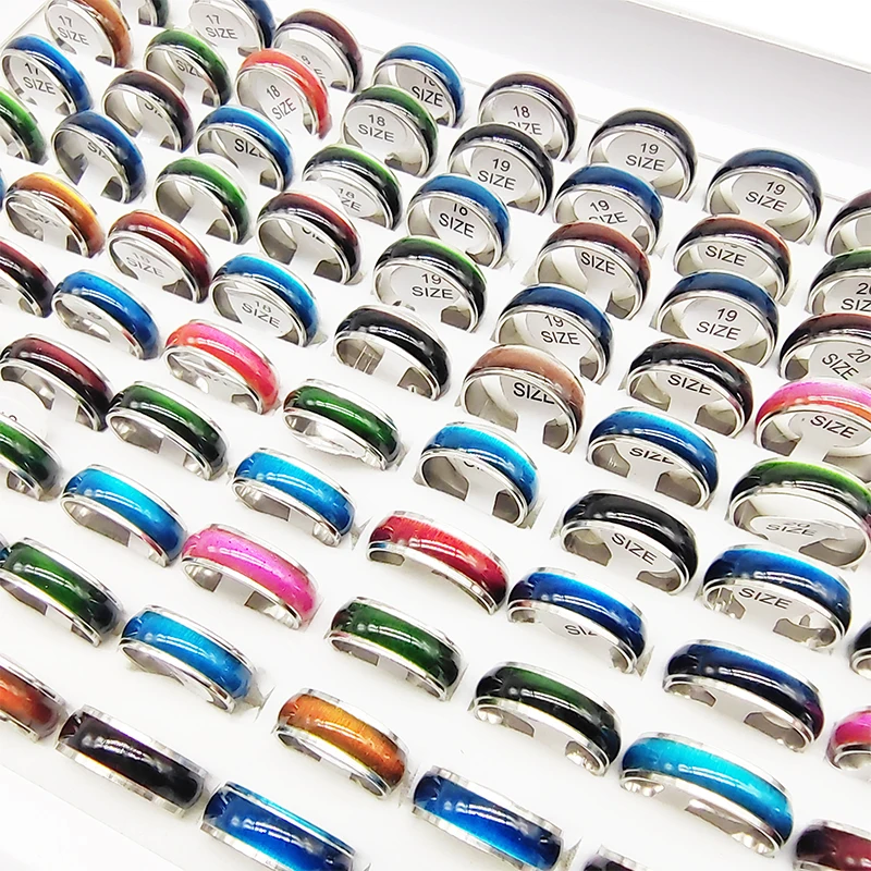 50/100pcs/Lot Factory Wholesale Stainless Steel Opal Wide Finger Rings for Women Men Mix Colors Pink Blue Green Red Joint Ring