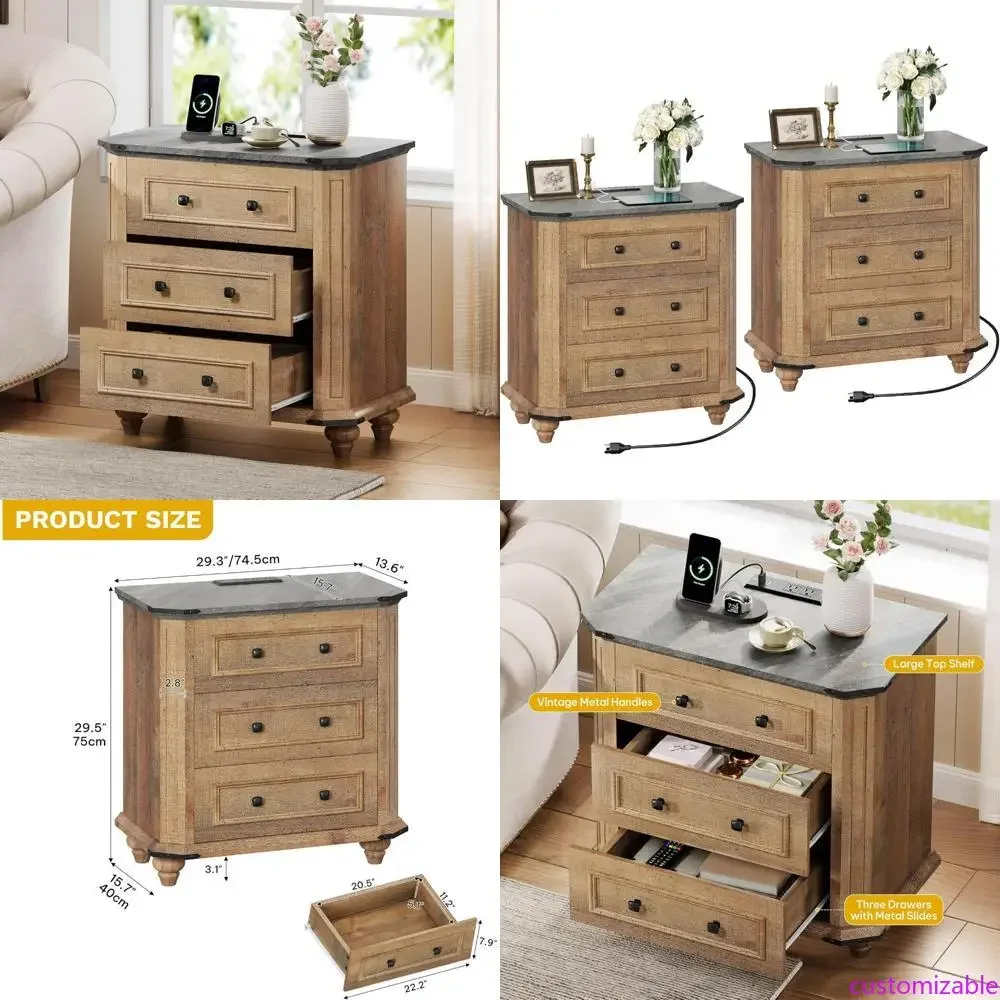 

Прикроватные тумбочки в деревенском стиле (комплект из двух) с зарядной станцией и выдвижными ящиками для хранения