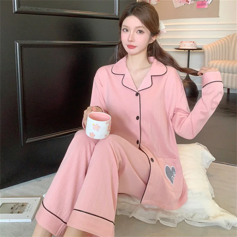 Lapel Collar Pajama Sets For Women Long Sleeve Cotton Pyjamas Femme Autumn Winter Sleepwear 2PCS Nightwear Home Clothing New