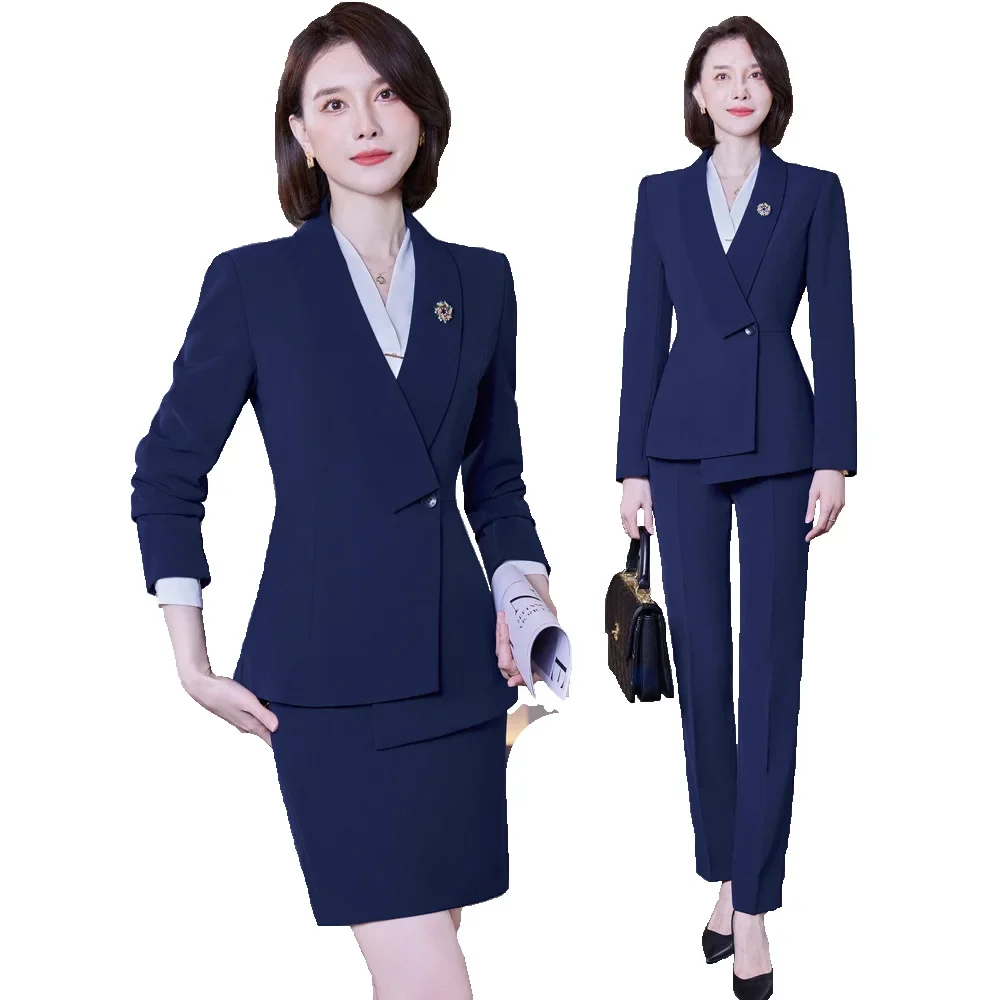 Pop Women's Office Suit Spring Fashion Blazer Skirt Suit Solid Color Suit Irregular Long Sleeve Jacket + Trousers 2 Piece Set Bl