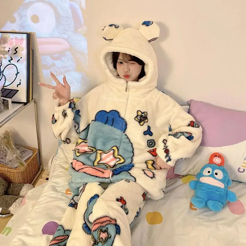 Sanrio Kit Girl Coral Fleece Winter Hooded Thickening Pajama Set Kawaii Hangyodon Comic Keep Warm Zipper Cardigan Leisure Wear