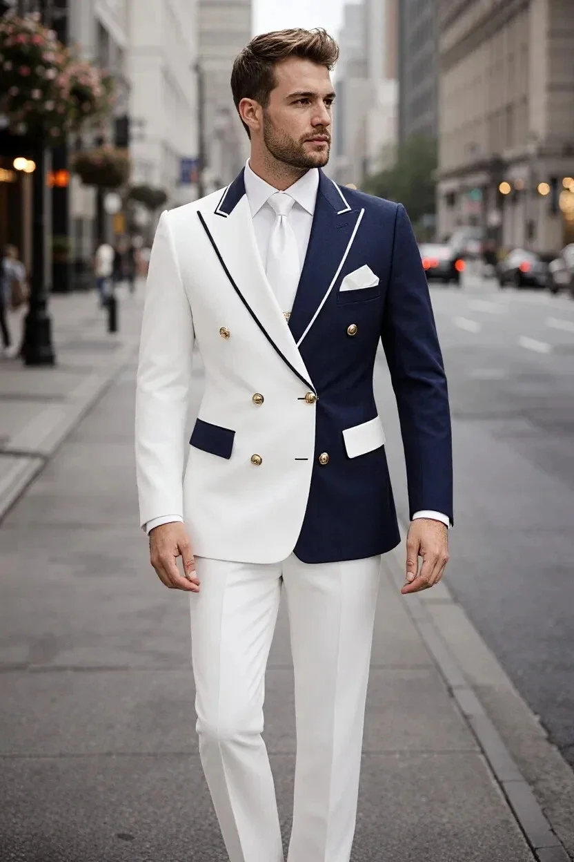 Men 2 Pieces Contrast Color Suit White Navy Blue Double Breasted Tuxedo Slim Jacket Pants Set Formal Wedding Groom Customized