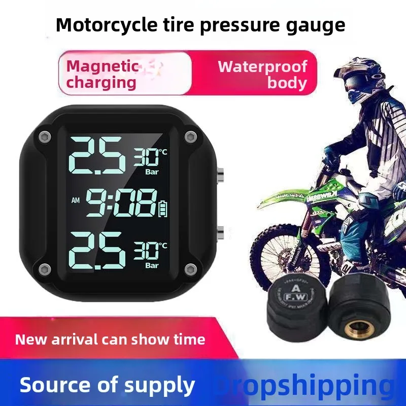 Motorcycle TPMS Tire Pressure Monitor with Clock Display External Sensor Magnetic Charging Waterproof Handlebar Mount for Two