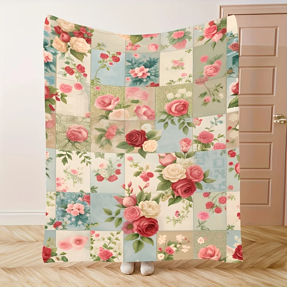 

1 piece of retro, comfortable and elegant floral rose moon pattern plaid blanket, fashionable, soft and warm, a versatile gift f