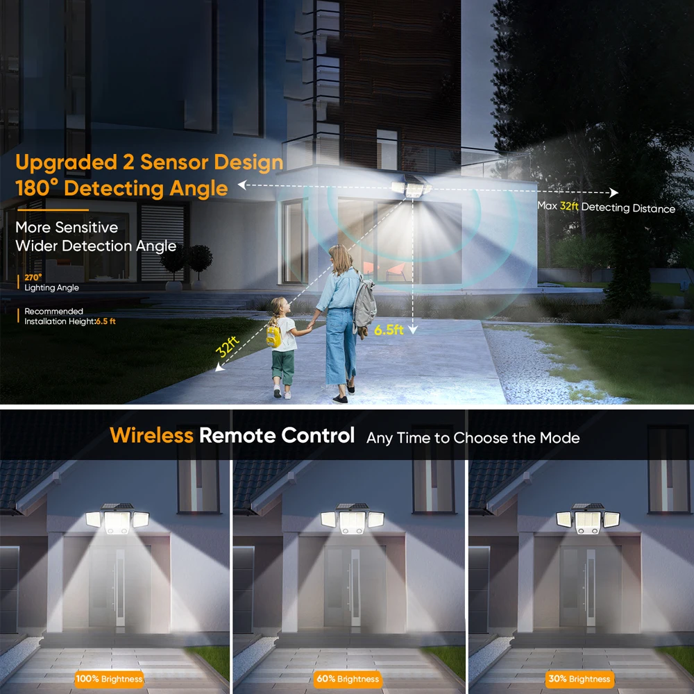 Solar Lights Outdoor 236 LED Motion Sensor Outdoor Light 3Heads IP65 Waterproof Solar Flood Security Lights for Garden Yard Path