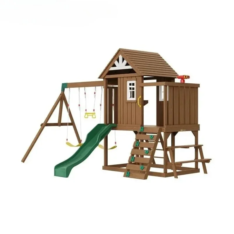 Wooden Swing Set 9/10 IN 1 Outdoor Playground Sets For Backyards 2 Swings Trapeze Bar 6 FT Slide Large Upper Fort 2