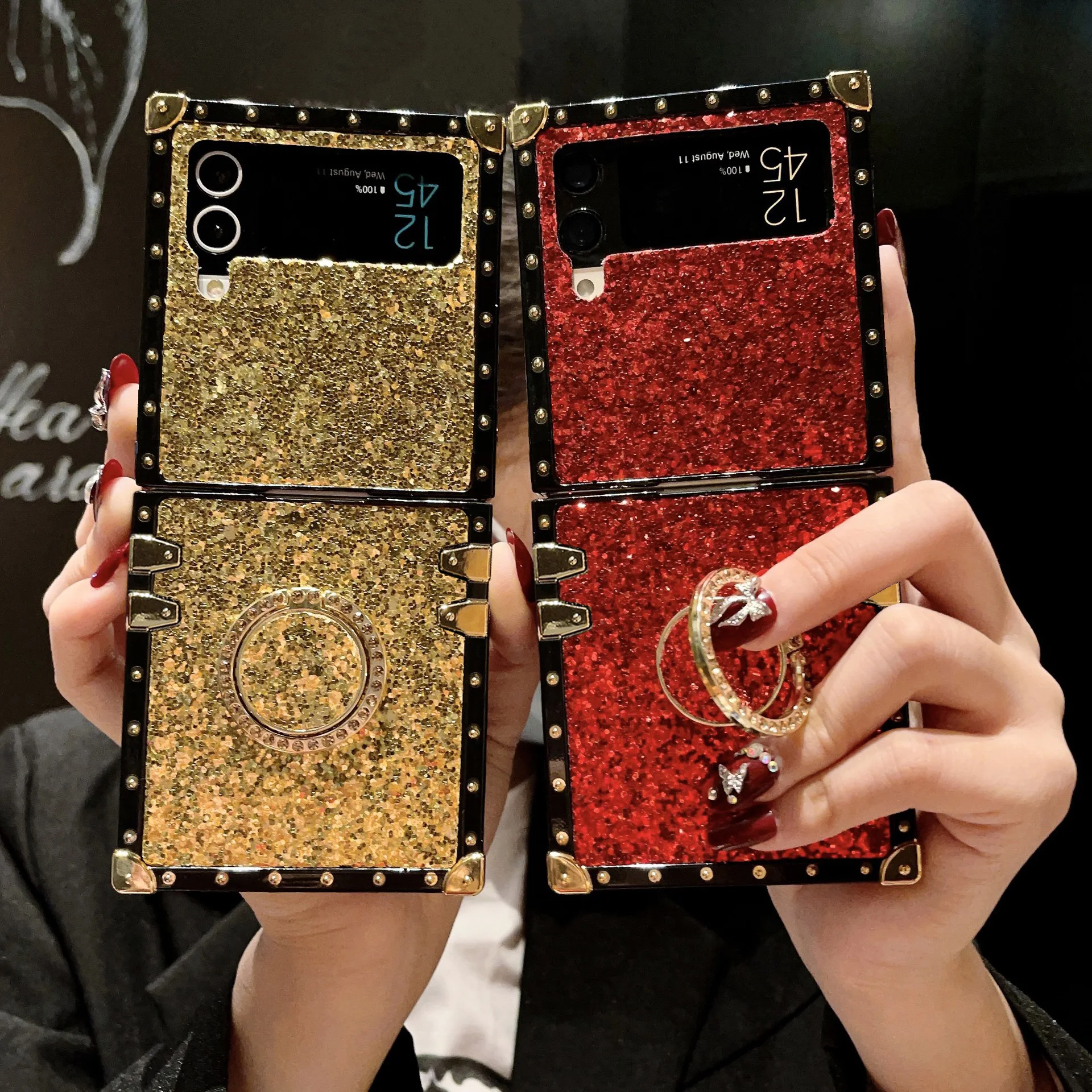Luxuriöse künstliche Glitzer-Strass-Leder-Handyhülle für Samsung Galaxy Z Flip 8 7 6 5 4 3 Flip7 FE mit glänzendem Halter.