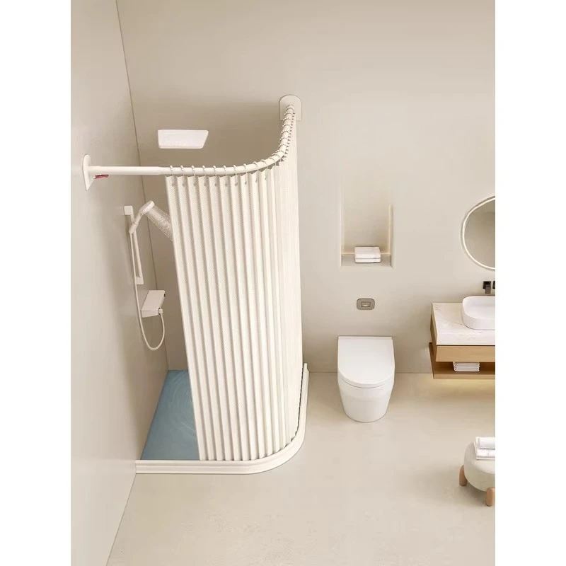 Fine bathroom shower curtain waterproof no punching shower room partition invisible folding L-shaped U-shaped pole dry