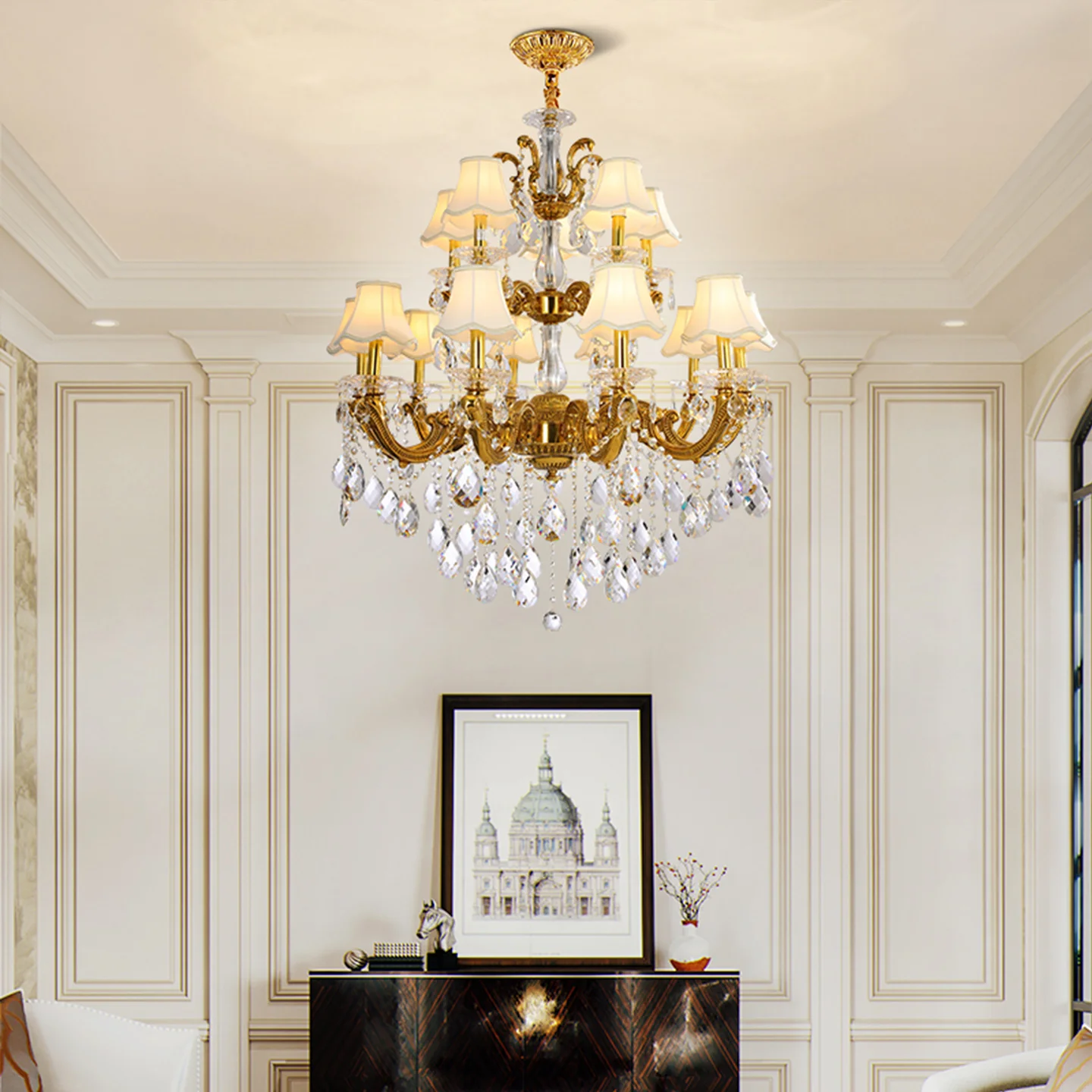 European Living Room Dining Room Neo Classic Design Crystal Brass Chandelier Villa Bedroom Elegant Fabric Pendant Lamp