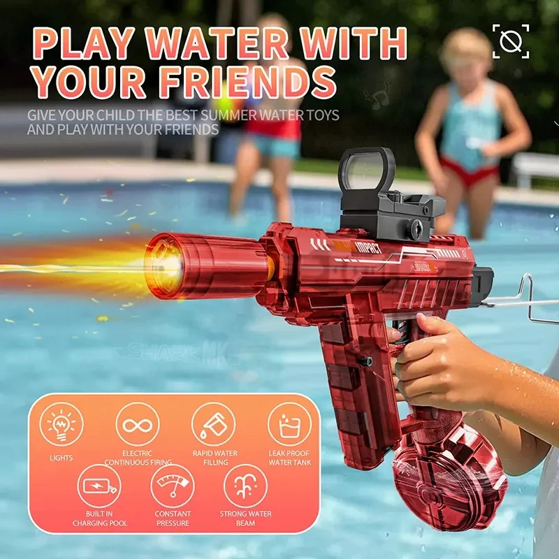 Pistola de agua eléctrica UZI con juguetes iluminados para niños, juego de tiro al aire libre de verano, juguete potente para niños, pistola de chorro de agua automática