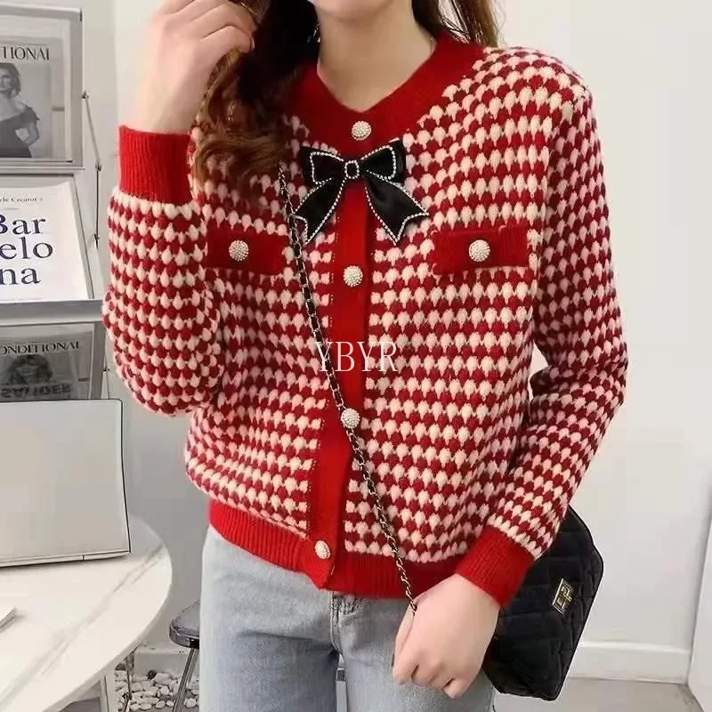 Cardigan de malha com laço com pescoço o-pescoço para mulheres, suéter colorblock, tops de malha versáteis, casacos finos, jaqueta feminina, roupas de outono