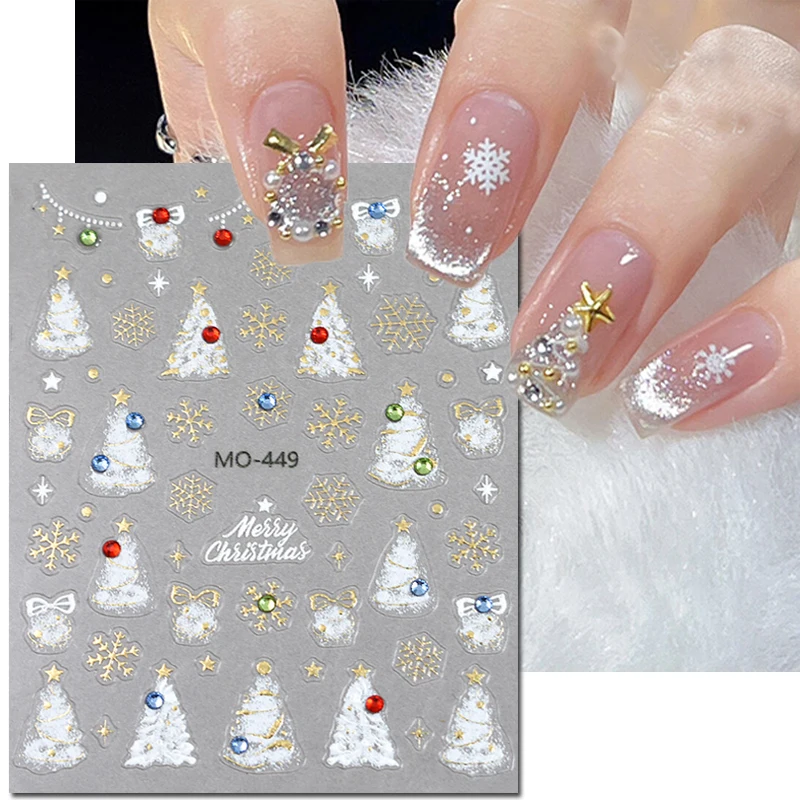 

5d Embossed Nail Art Stickers Colorful Diamonds Snowwhite Xmas Trees Gold Snowflakes Decals Decorations For Nail Tips Manicures
