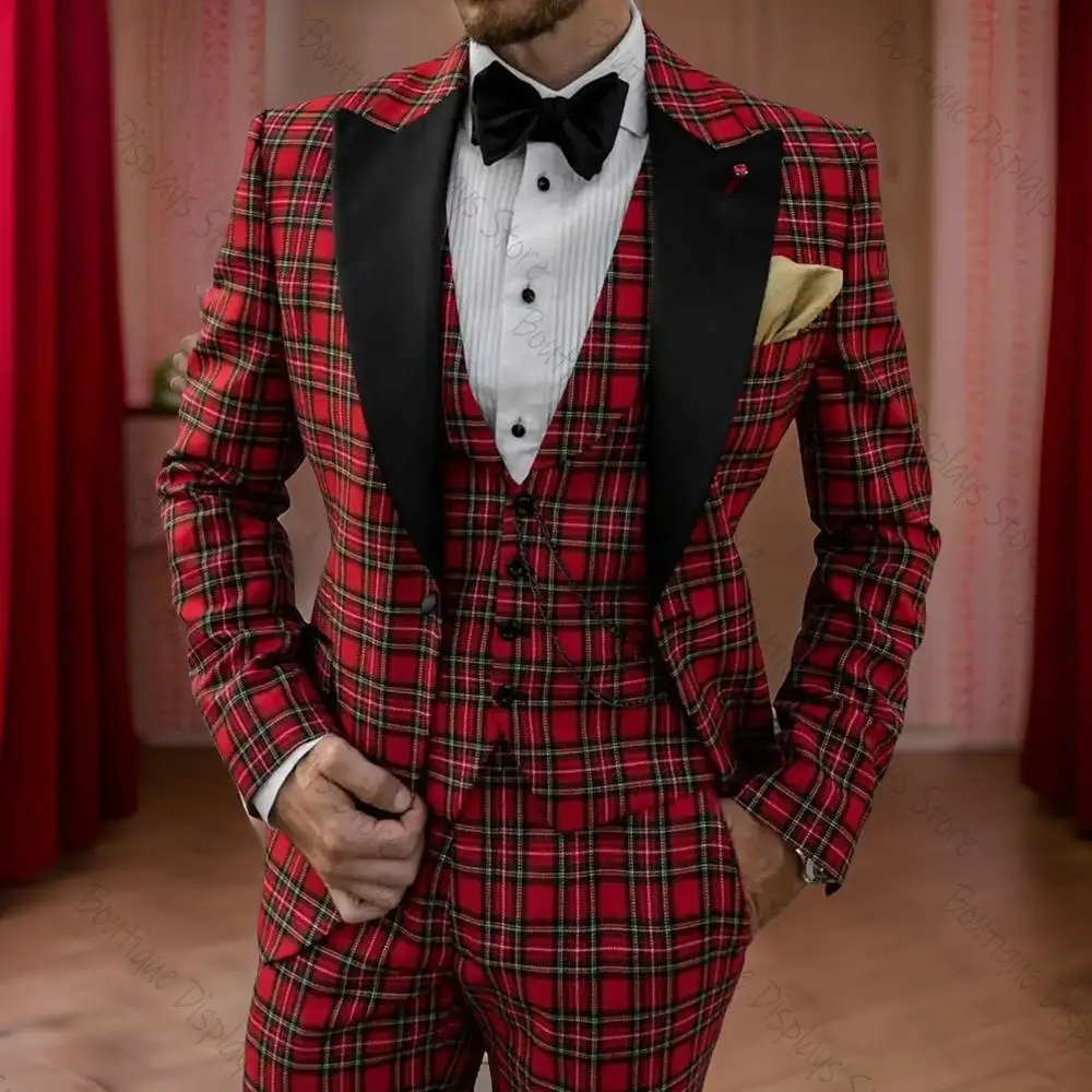 

Plaid Men Suits Slim Fit Wedding Groom Set for Prom Party Peak Lapel Male Suit 3 Piece (Jacket+Vest+Pants)