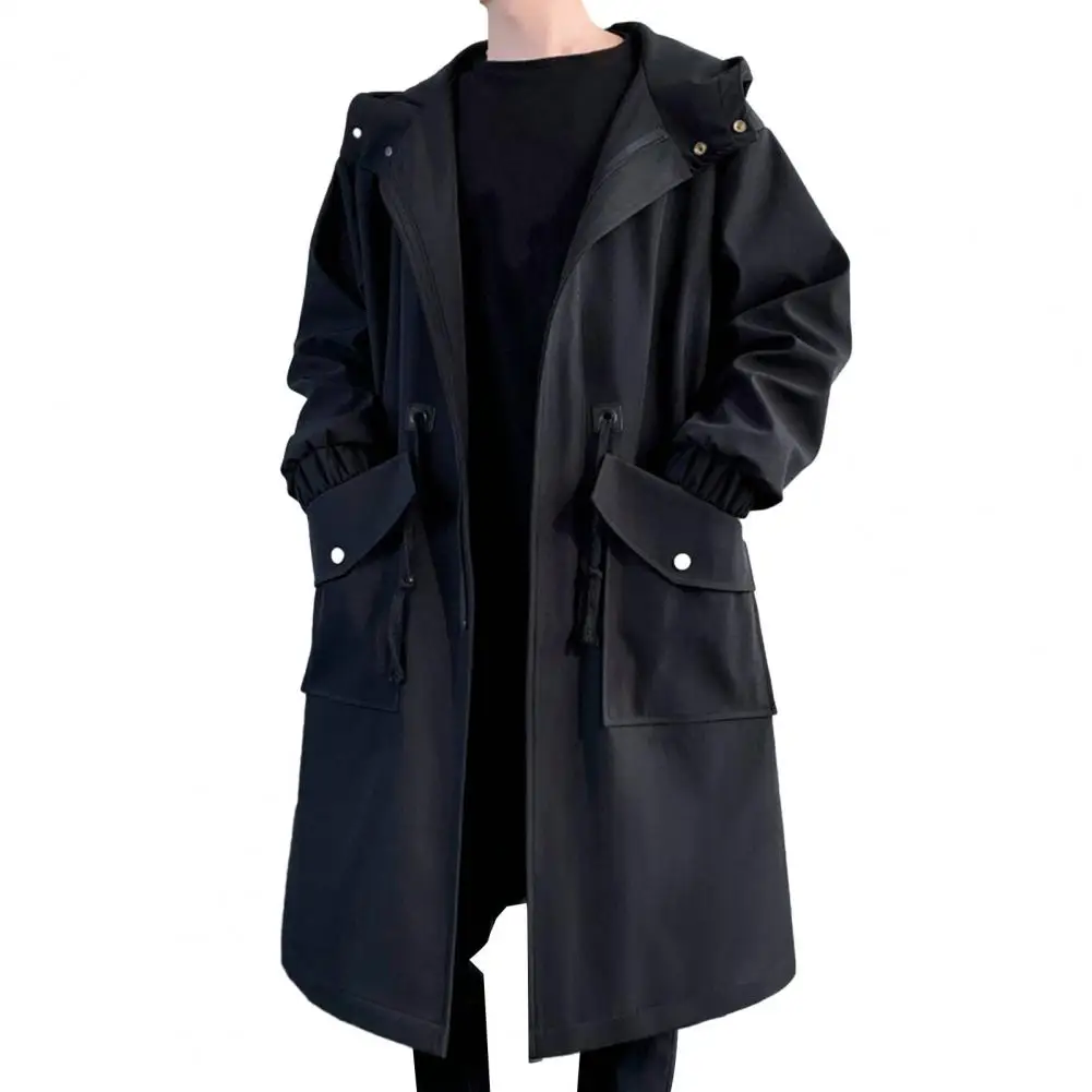 

Fade-resistant Men Jacket Streetwear Men's Trench Coat with Hood Big Pockets Windproof Design Mid Length Solid Color for Men