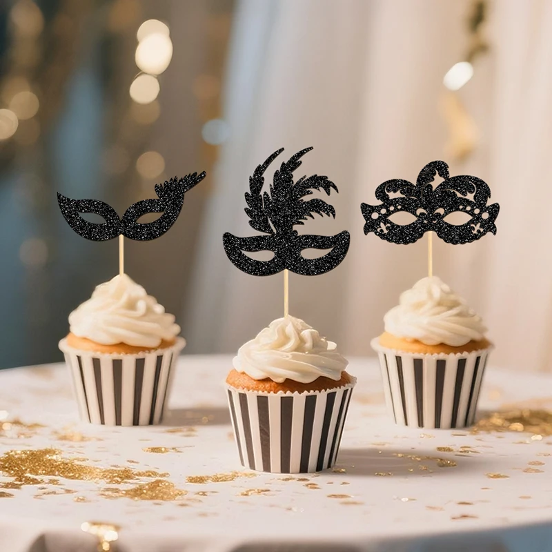 YOMDID 24 Stück Glitzer-Maskerade-Masken-Cupcake-Topper, Party-Kuchenaufsätze für Geburtstagsdesserts und Cupcakes-Dekorationen