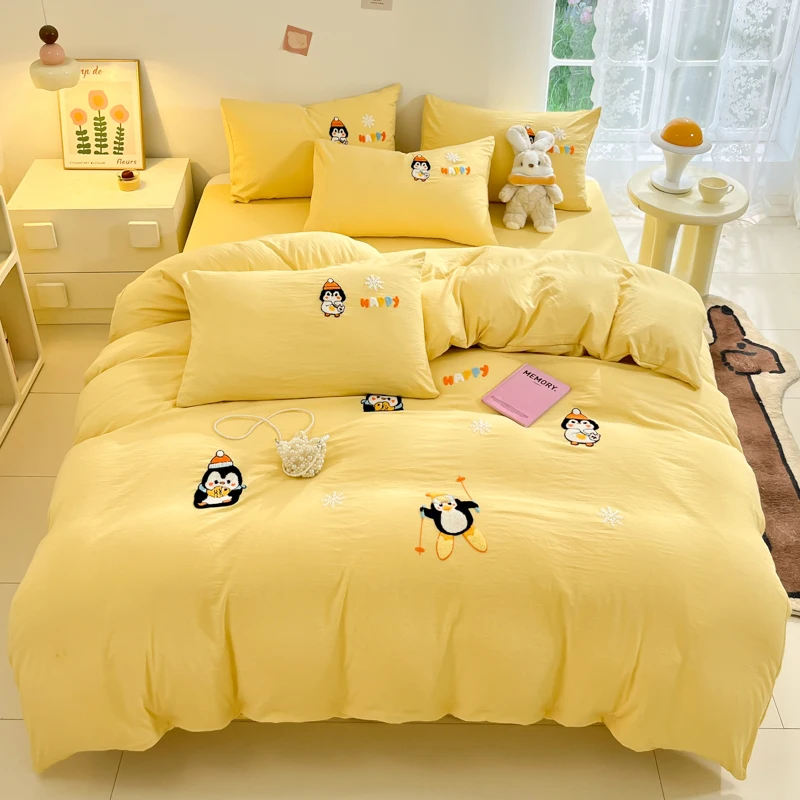 

Cartoon Penguin Yellow Duvet Cover Lovely Animal Bedding Set 3pcs Polyester Comforter Cover Kids Girls Quilt Cover 2 Pillowcases