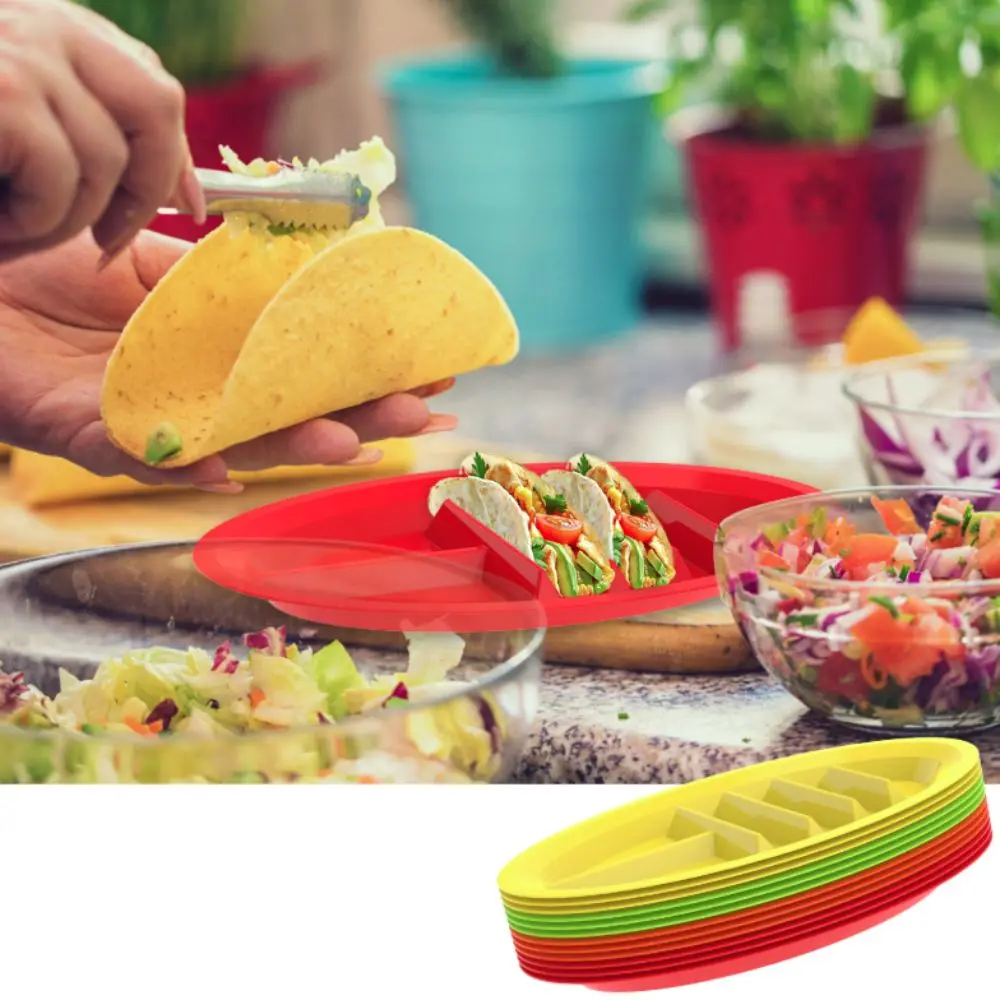 

2pcs Party Supplies Oval Taco Plate Divided No Spill Rim Taco Serving Tray Household Plastic Taco Holder Restaurant