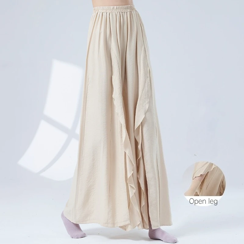 Classical Dance Pants Women's New Loose Ruffle Edge Streamer Elastic Waist Wide Leg Skirt Chinese Drape Training Set