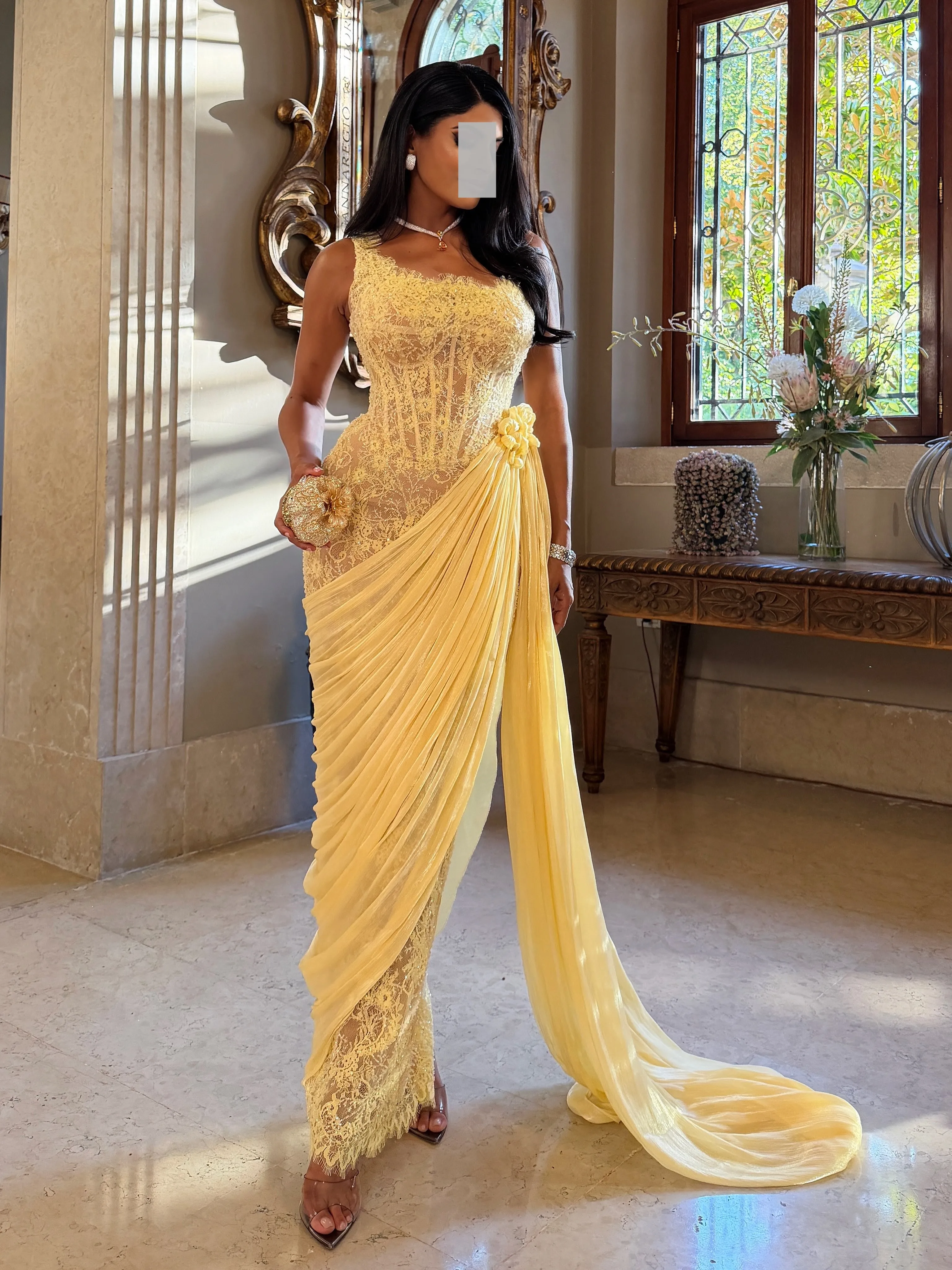 Customized Yellow Square Neck Sleeveless Lace Patchwork Ruched Party Mermaid Evening Backless Floor Length Formal Prom Dresses