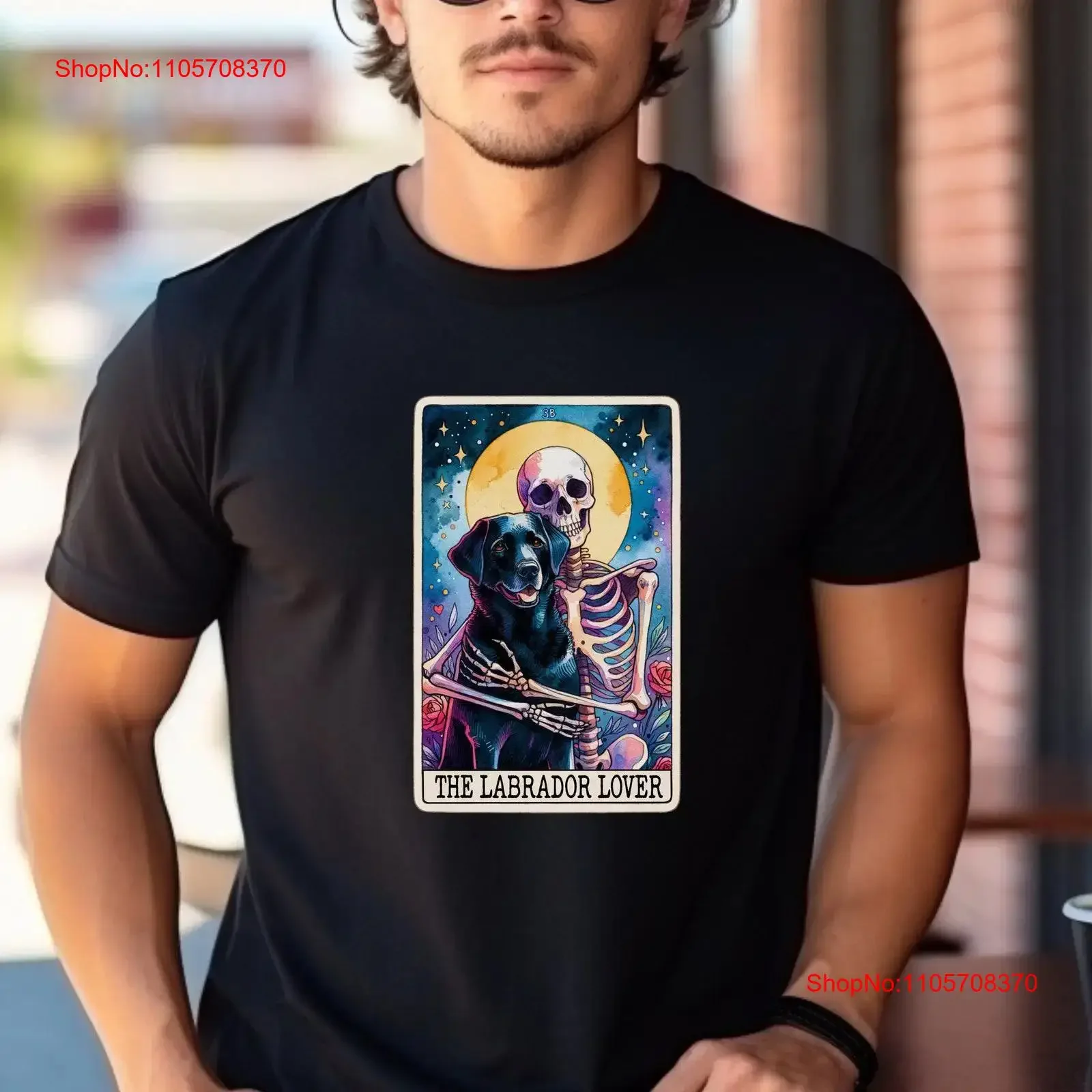 The Lab Lover Heavy Cotton T Shirt Skeleton Hugging Black Tarot Card Dog Animal Print Top Halloween Costume vintage Washed