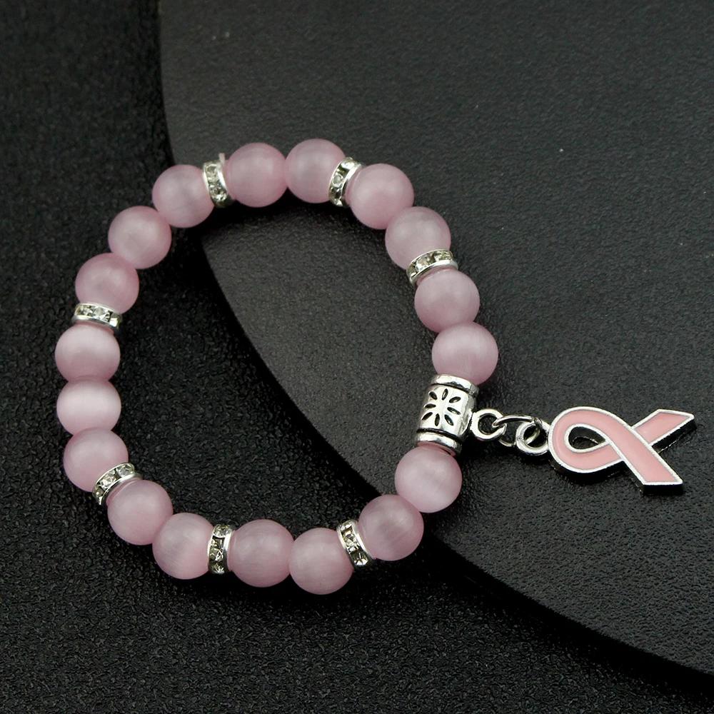 Natural Pink Quartz Bracelet Breast Cancer Awareness Pink Ribbon Pendant Charm Bracelets For Women Bangles Fashion Cute Jewelry