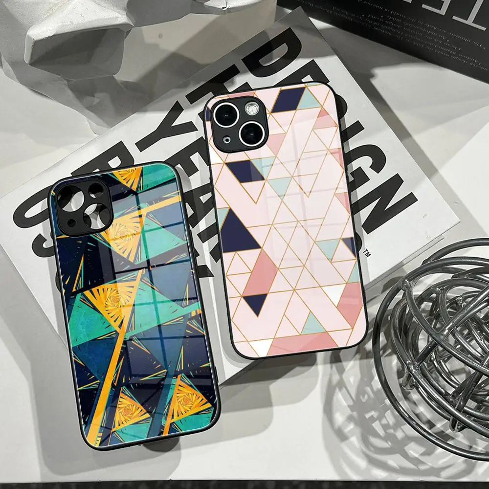 Abstract Geometric Triangle Line Phone Case Tempered Glass Shell FOR IPhone 16ProMAX 14 12 17Pro Air 15 16 Plus 13 Pro MAX Cover