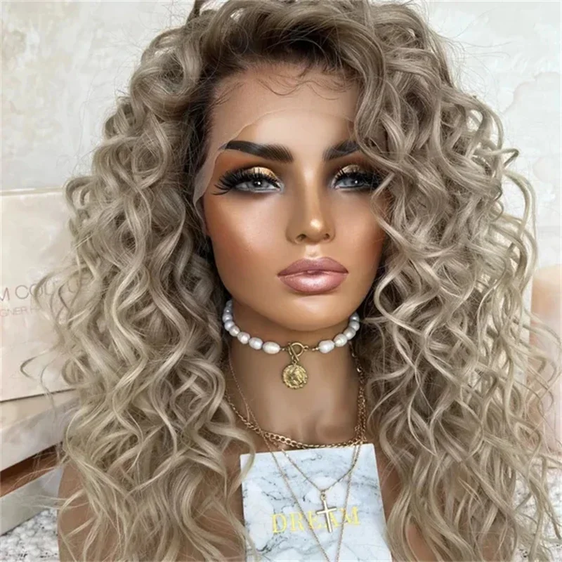 Wigs for Woman Loose Curly Synthetic Lace Front Wigs miku cosplay Party Glueless Wigs ASh Blonde Highlights Colored Lace Wigs