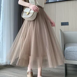 Spring Summer Vintage Tulle Skirt Women Elastic High Waist Mesh Skirts Long Pleated Tutu Skirt Female Jupe Longue 5731