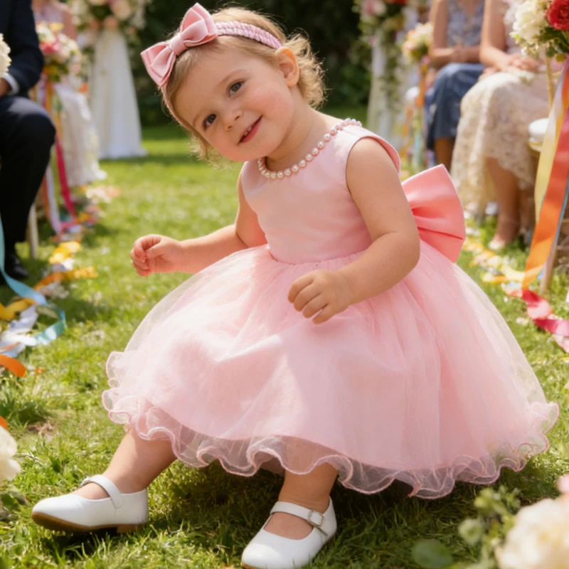 White Dress For Girls Tutu Princess Dress Christmas Party Big Bow Baptism Dress Toddler 1st Birthday Party Infant Dress Gown