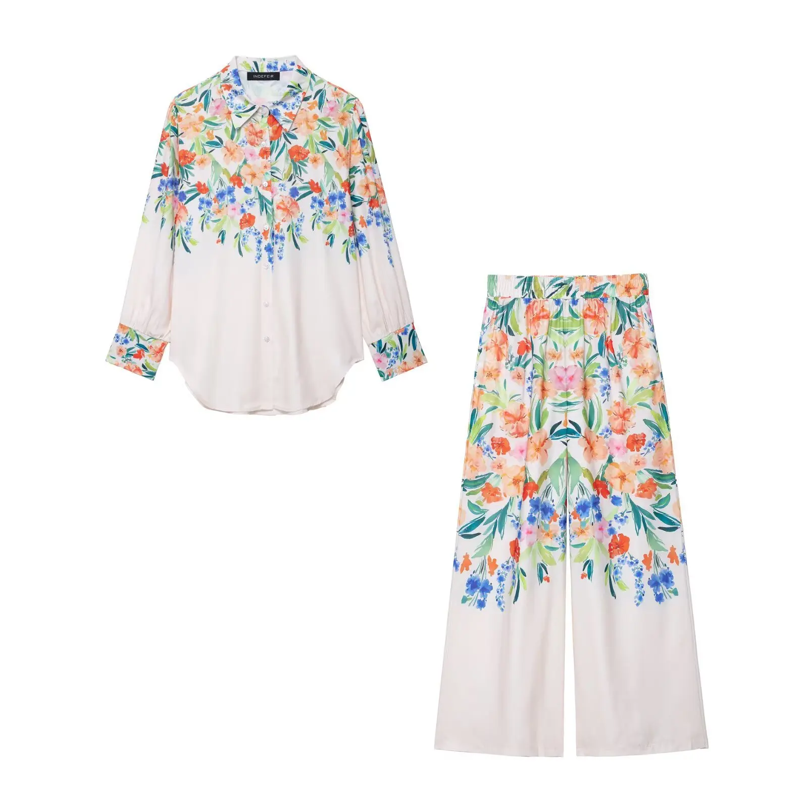 

Женская льняная рубашка с длинными рукавами и лацканами, осенний топ, широкие брюки с принтом, комплект из 2 предметов + льняные широкие брюки с высокой талией и цветочным принтом