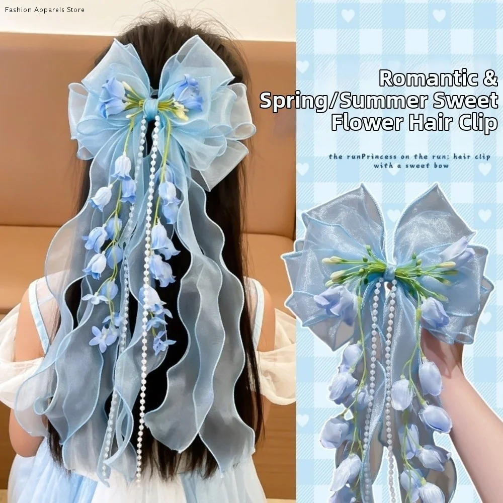 

Lolita Sweet Fairy Flower Hair Clip Tassel Long Ribbon Lace Bow Duckbill Clip Silk Gauze Headpieces Flower Hairpin Bride