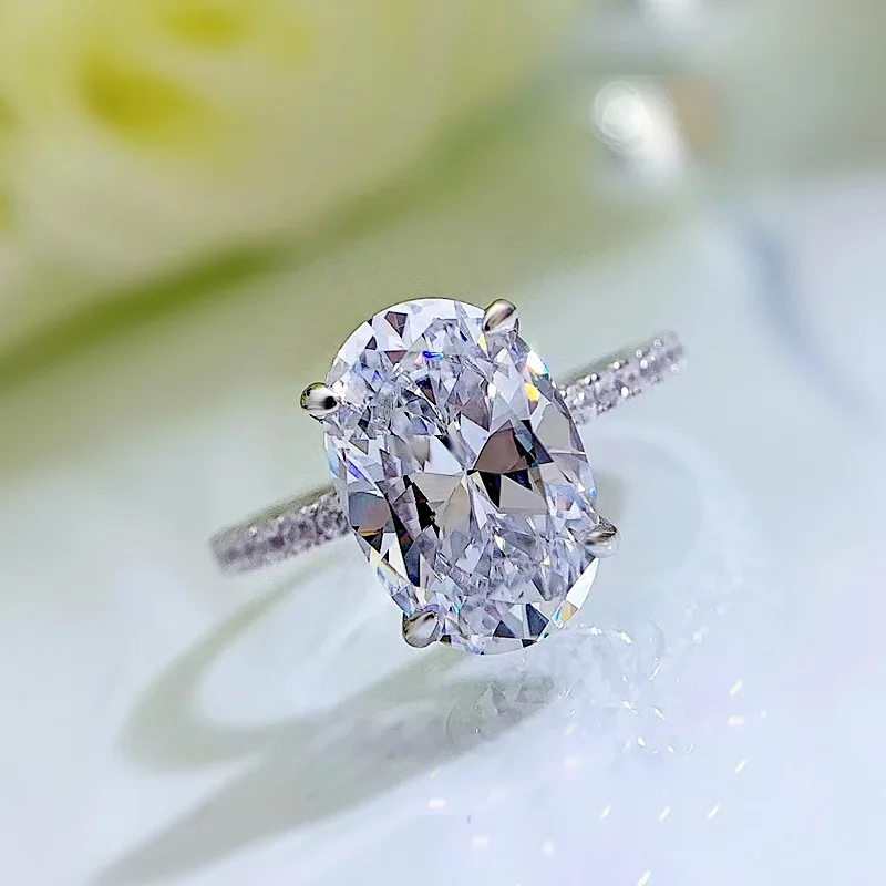 New 100% S925 Silver Fashion Simulation Diamond Oval Ring 8 * 12 Redion Cutting High Elegant Women's Wedding Jewelry