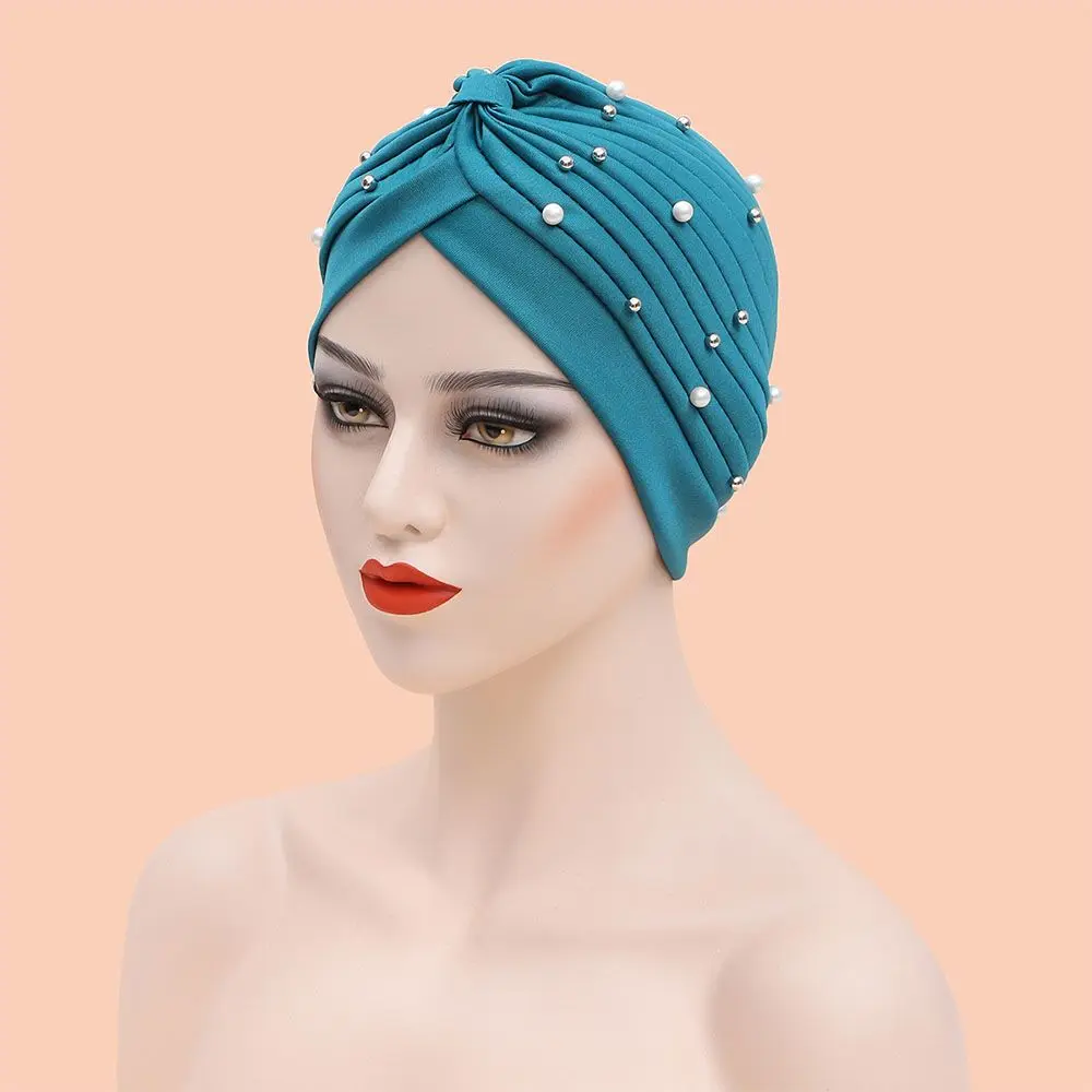 Mujer Polyester Pearl Arab Wrap Head Solid Folds Muslim Turban Scarf Islamic Inner Hijab Caps Musulman Turbante