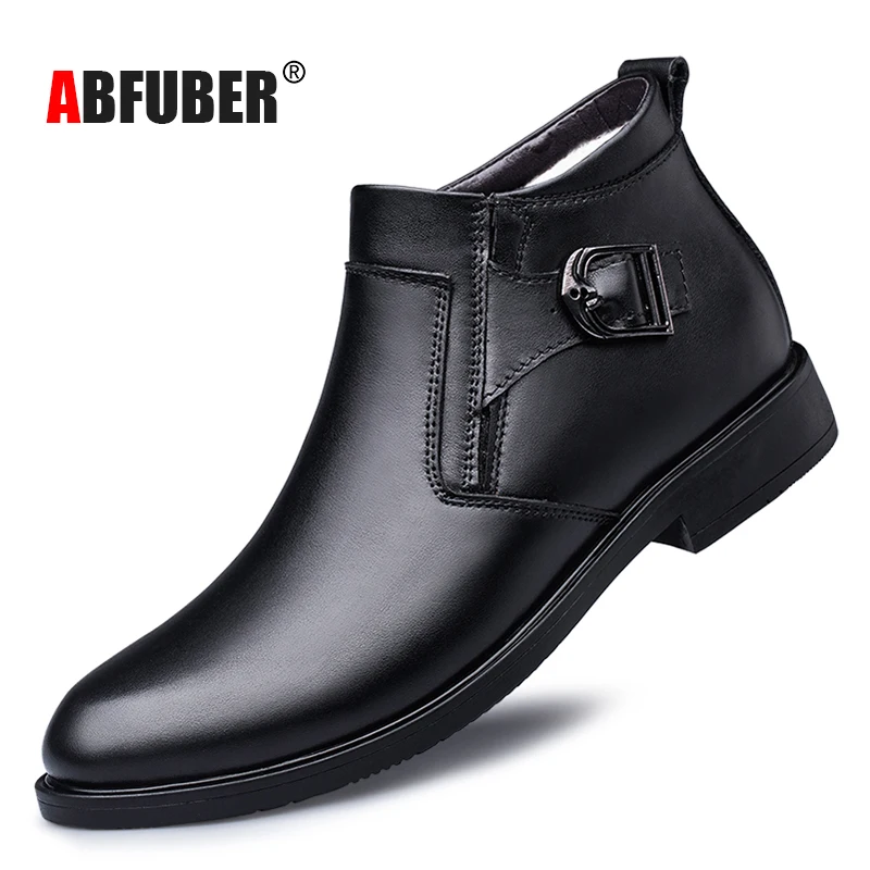 Top Quality Genuine Leather Boots Men Winter Shoes Formal Chelsea Boots With Fur Leather Dress Business Shoes Men Boots Ankle