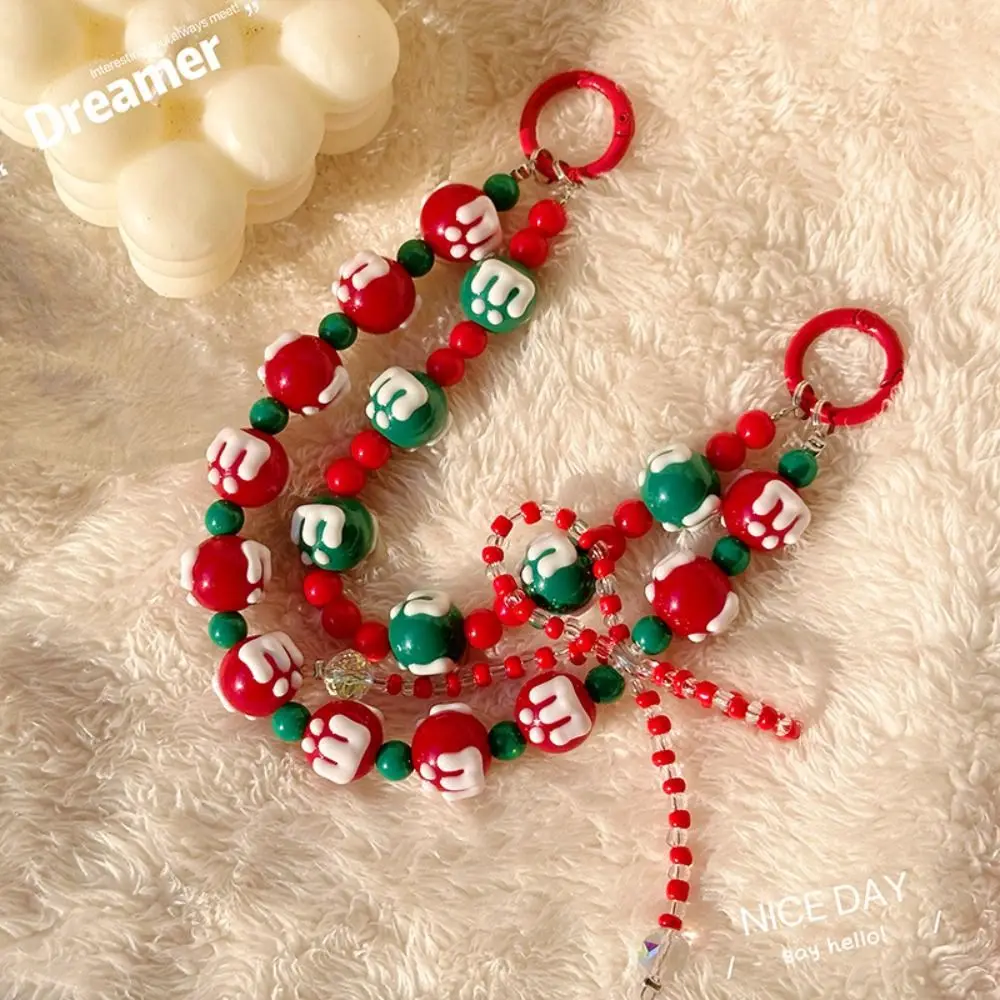 Lovely Christmas Mobile Phone Strap Beaded Colorful Bag Pendant Keychain Hand-painted Double Chain Phone Charm Rope