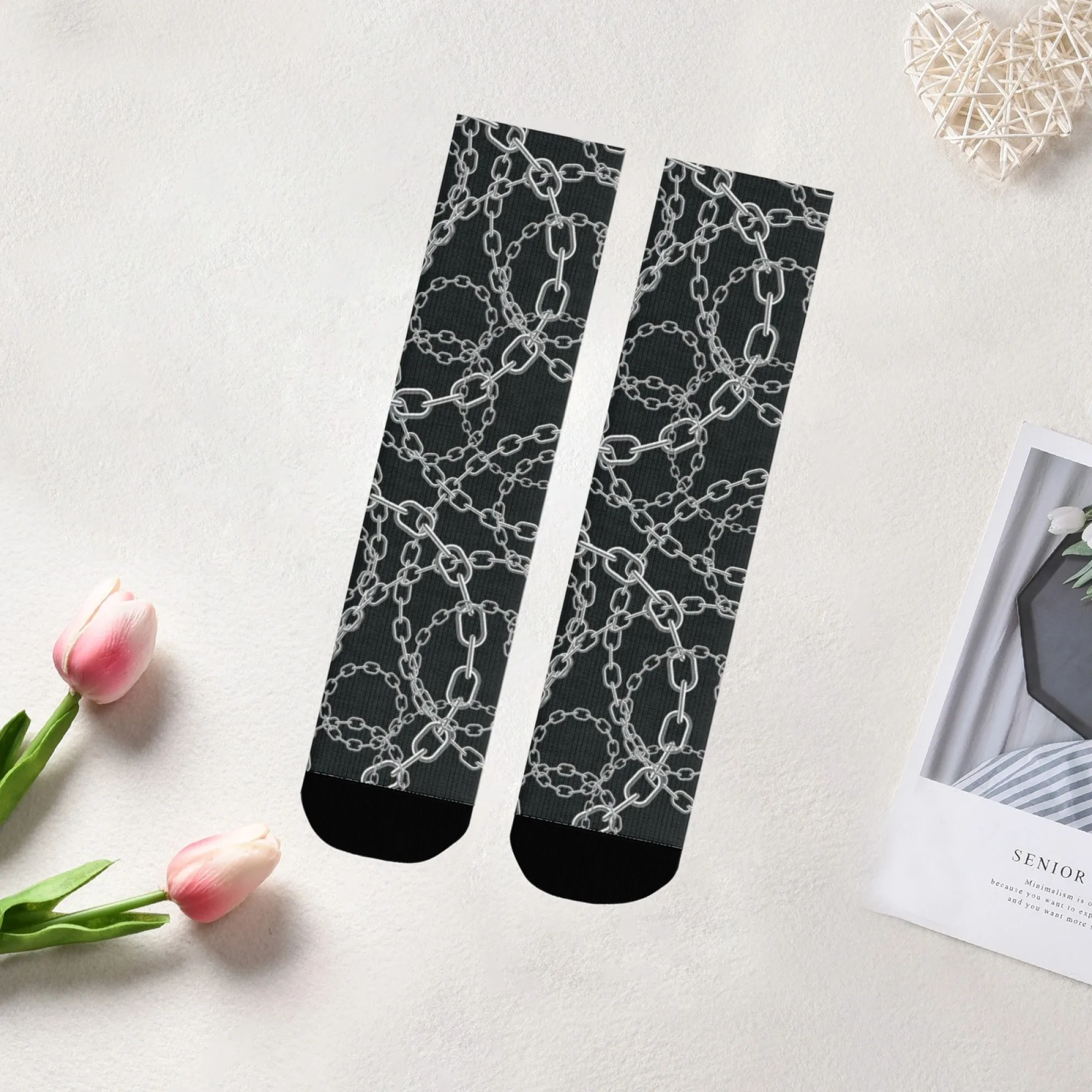 Silver Chain Pattern Socks Soft Comfortable Skin-friendly Men's Outdoor Sports Fitness Rock Punk Hip-hop Edgy Streetwear Socks