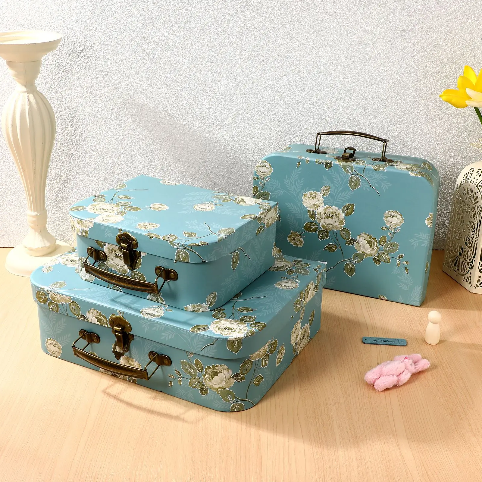 3 Pcs Paperboard Suitcases with Metal Handles Floral Print Decorative Cardboard Storage Boxes Gift Boxes Crafts Retro Boxes NEW