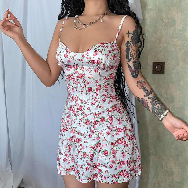 Bangniweigou Floral A Line Thin Strap Print Dress Women Push Up Vacay Summer Robe