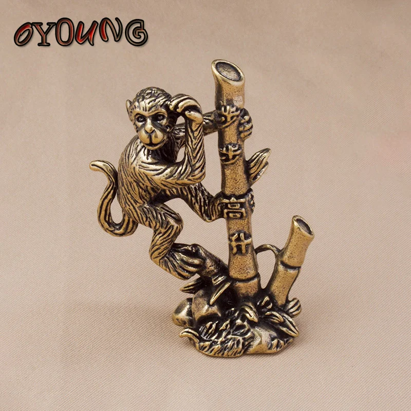 Brass Monkey Climbing Bamboo Pole Small Ornament Zodiac Animal Figurines Feng Shui Home Decor Crafts Desk Decoration Accessories