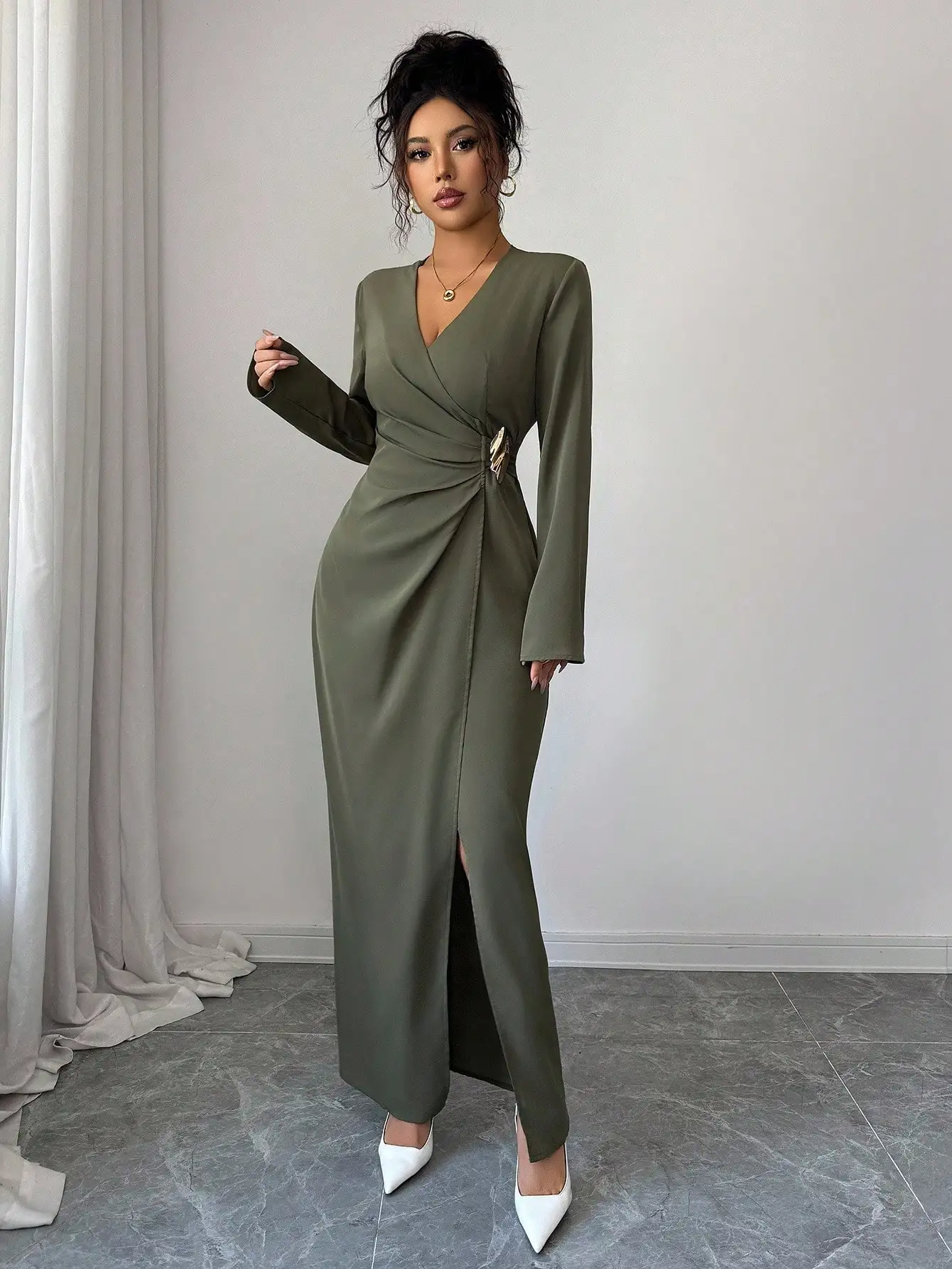 Woman Elegant Wrap V Neck Maxi Dress Ruched Waist High Slit Long Sleeve Gown Sophisticated Mature Style Outfit for Formal Events - Image 5