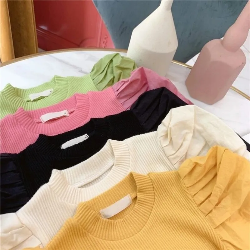 Spring and Autumn Girls Puff Sleeve Thread Bottom Shirt Retro Design Top Children\'s Tees Baby Cotton Long Sleeve T-shirt 0-7Y