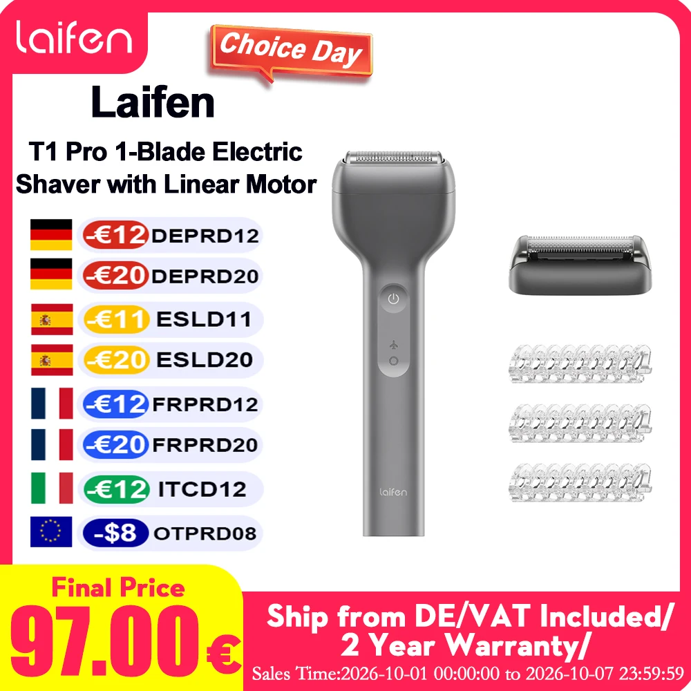 Rasoio elettrico Laifen T1 Pro con una sola lama e motore lineare, che garantisce 12.000 movimenti al minuto per una rasatura rapida. Design monoblocco CNC. Rasoi elettrici.