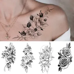 Waterproof Temporary Tattoo Sticker Flowers Roses Lilies Peonies Geometric Patterns Body Art Arm Fake Tattoos Sleeve Women Men