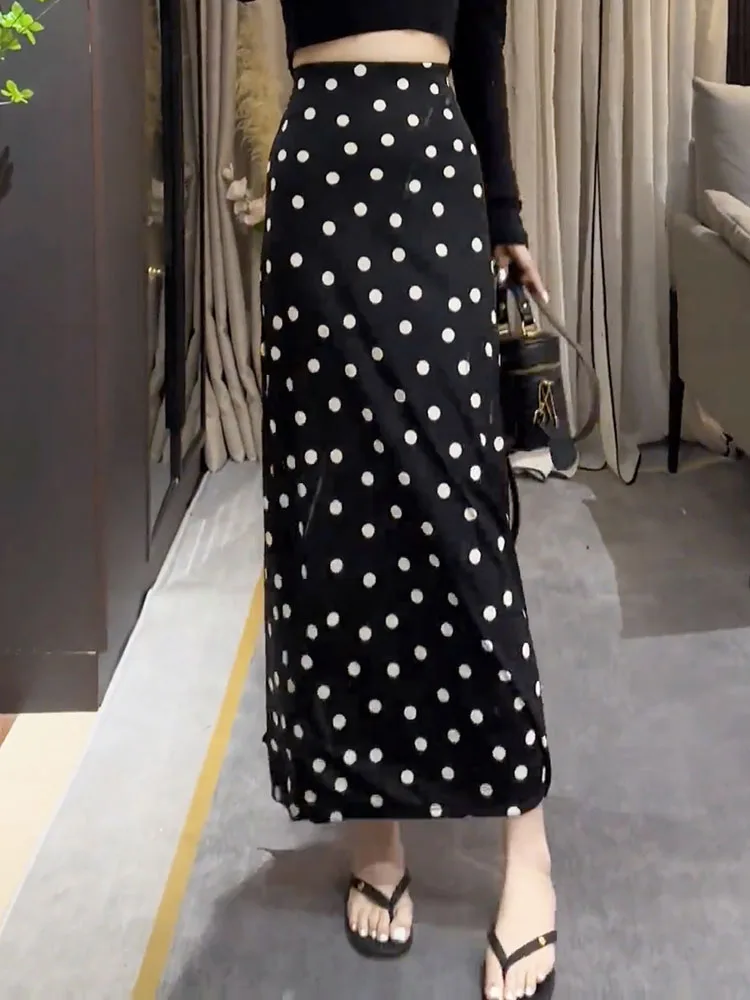 

Новая повседневная длинная юбка с высокой талией, утягивающая, в черный горошек, с боковым разрезом, весна-лето, в корейском стиле, для офиса и повседневной носки